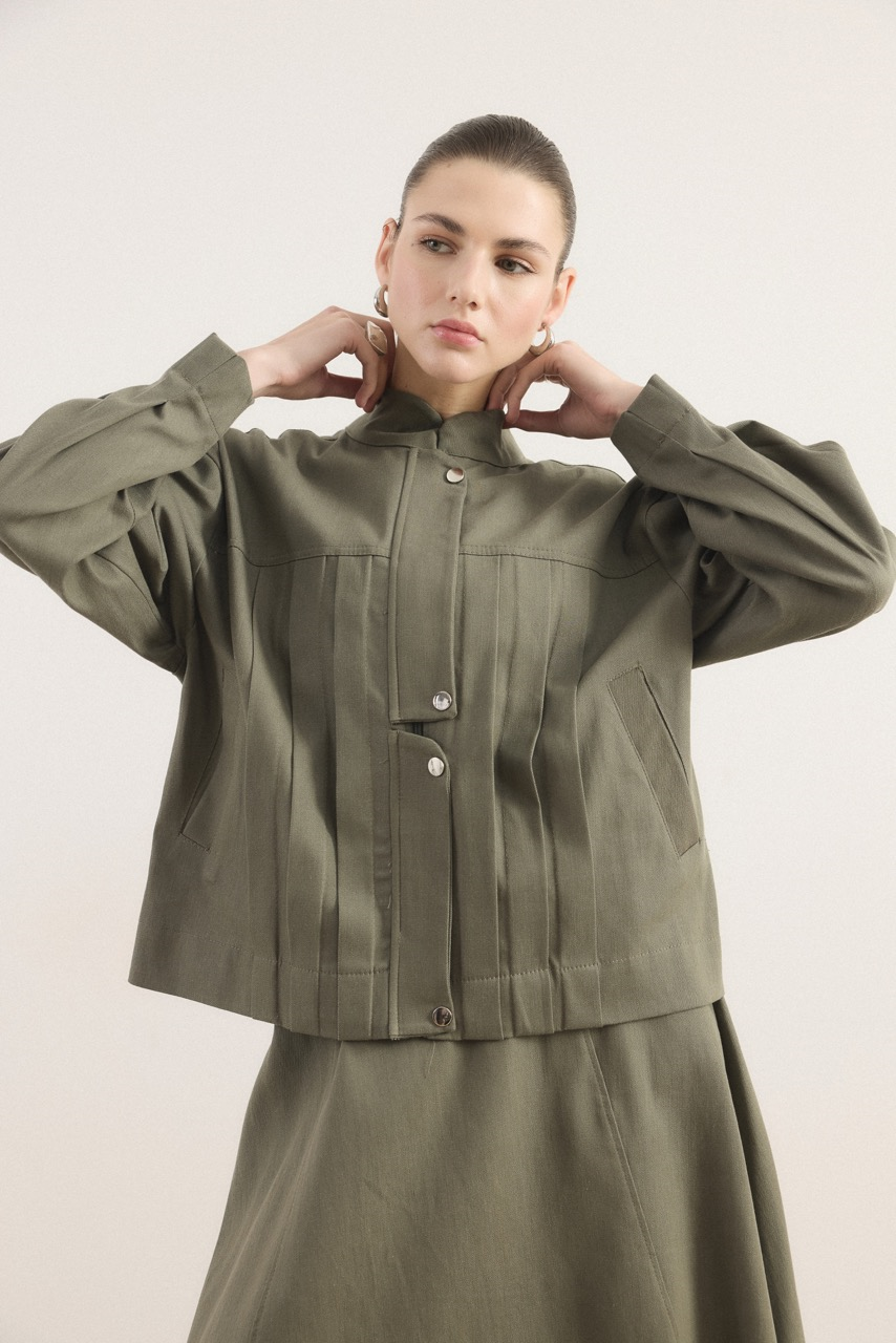 Önü Pileli Kot Takım - Haki