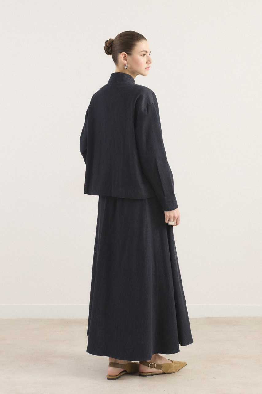 Önü Pileli Kot Takım - Lacivert