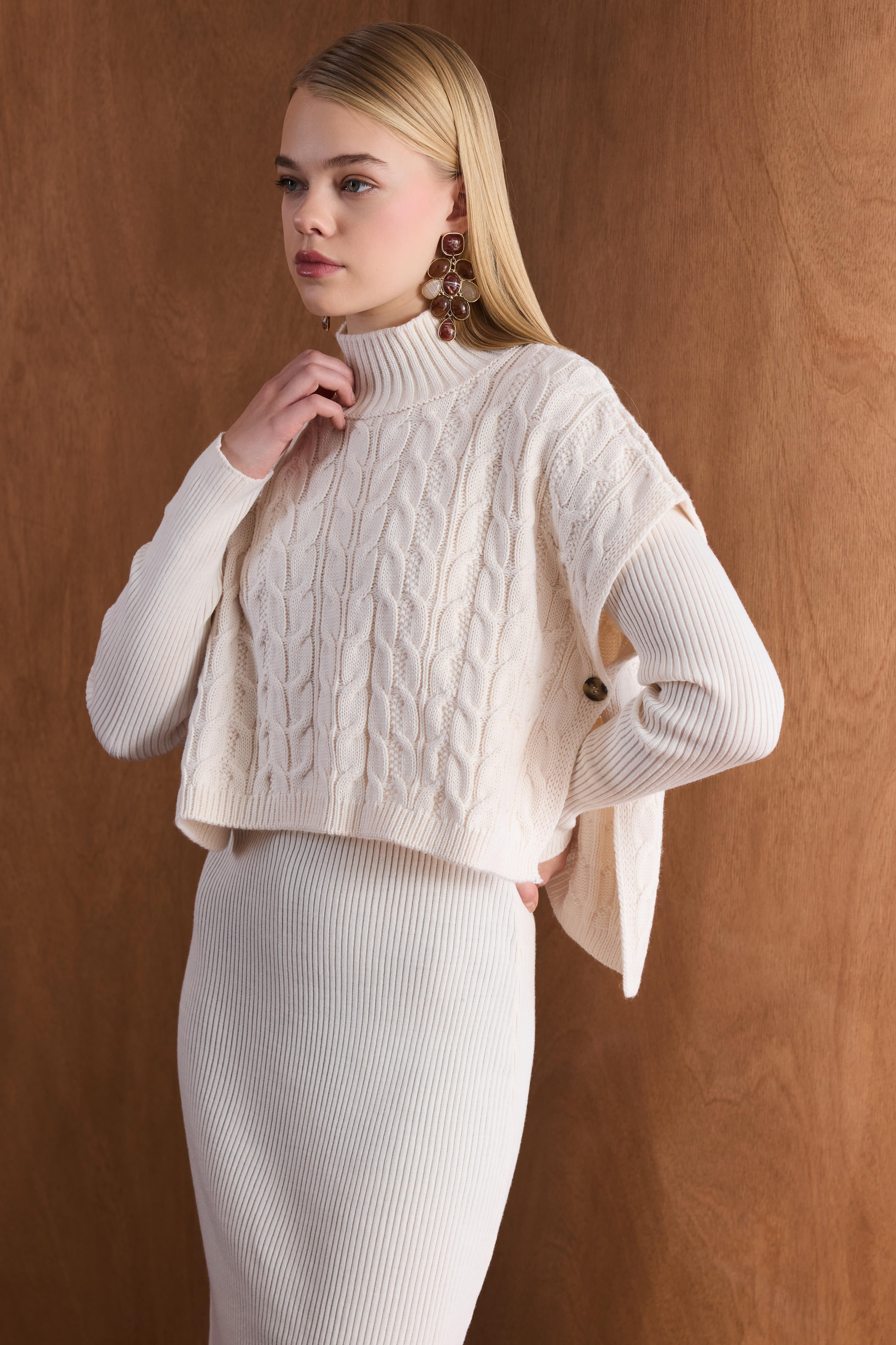 Örgü Kazaklı Triko Elbise - Ekru