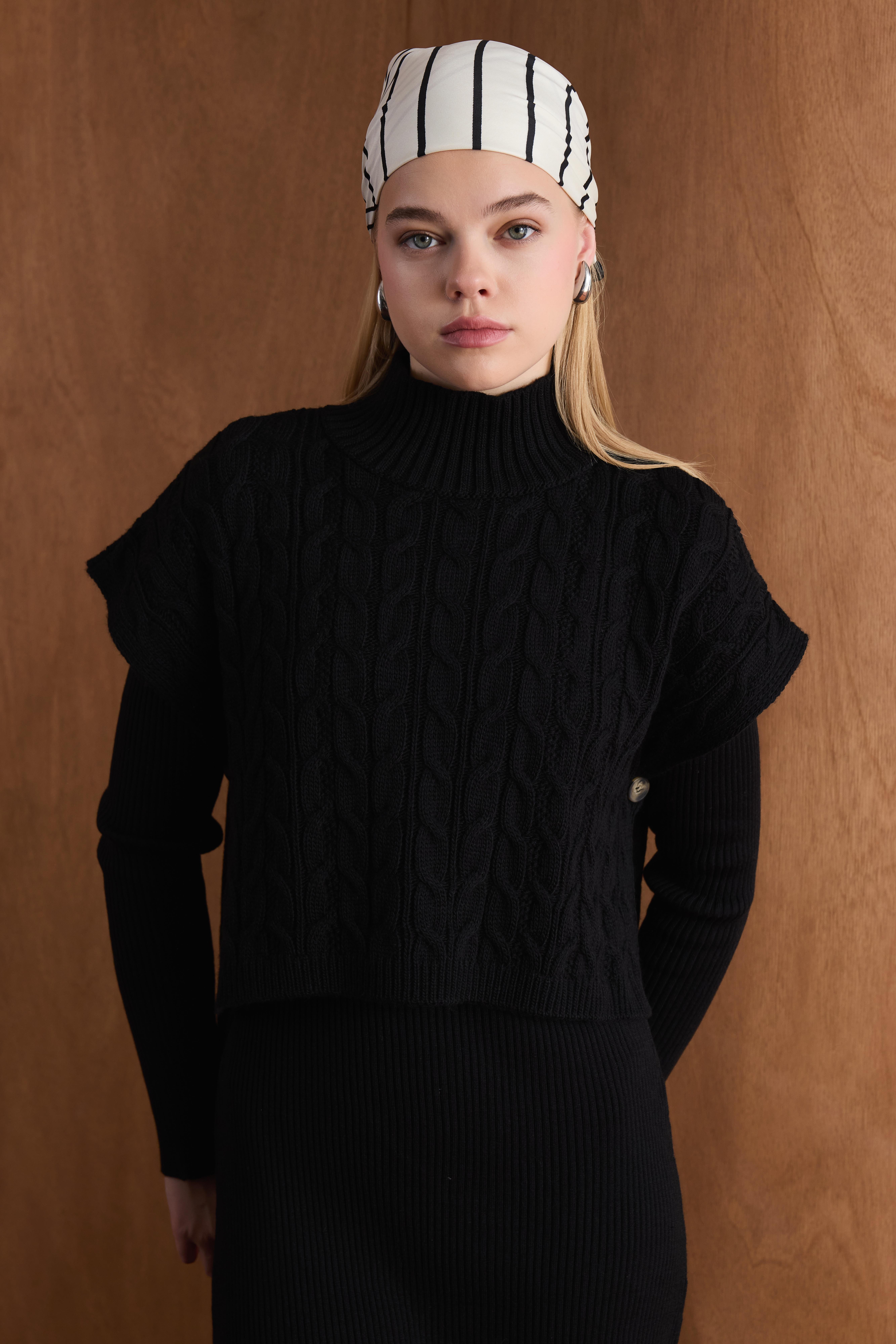 Örgü Kazaklı Triko Elbise - Siyah