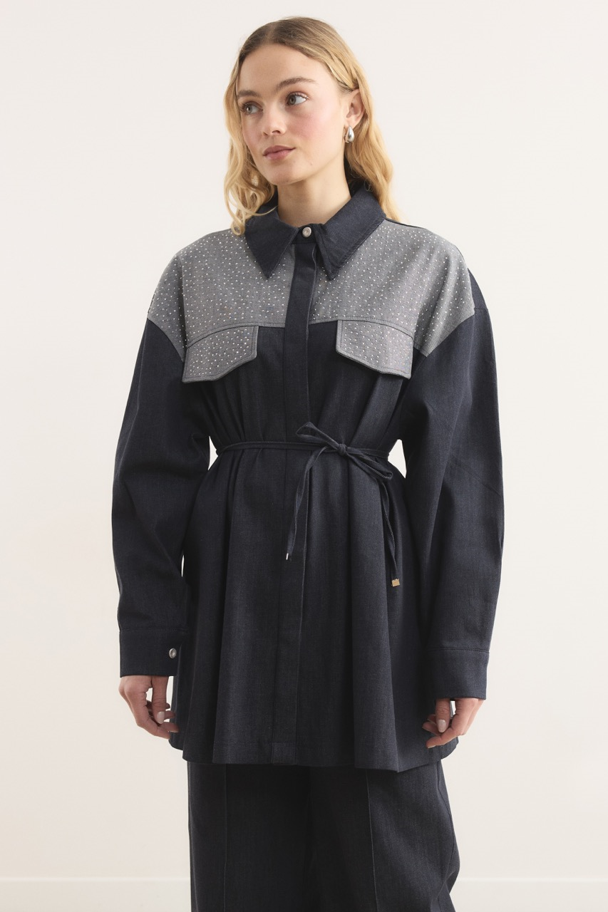 Sendy Ters Robalı Taşlı Kot Takım - Lacivert