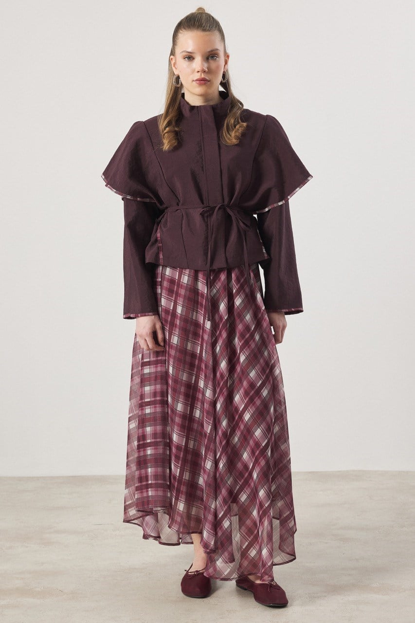 Şifon Desenli Etek Takım - Bordo