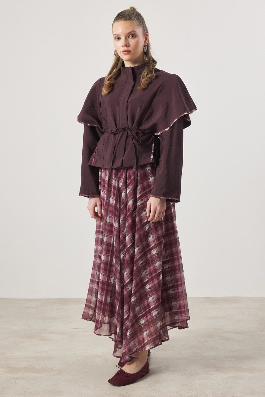 Şifon Desenli Etek Takım - Bordo