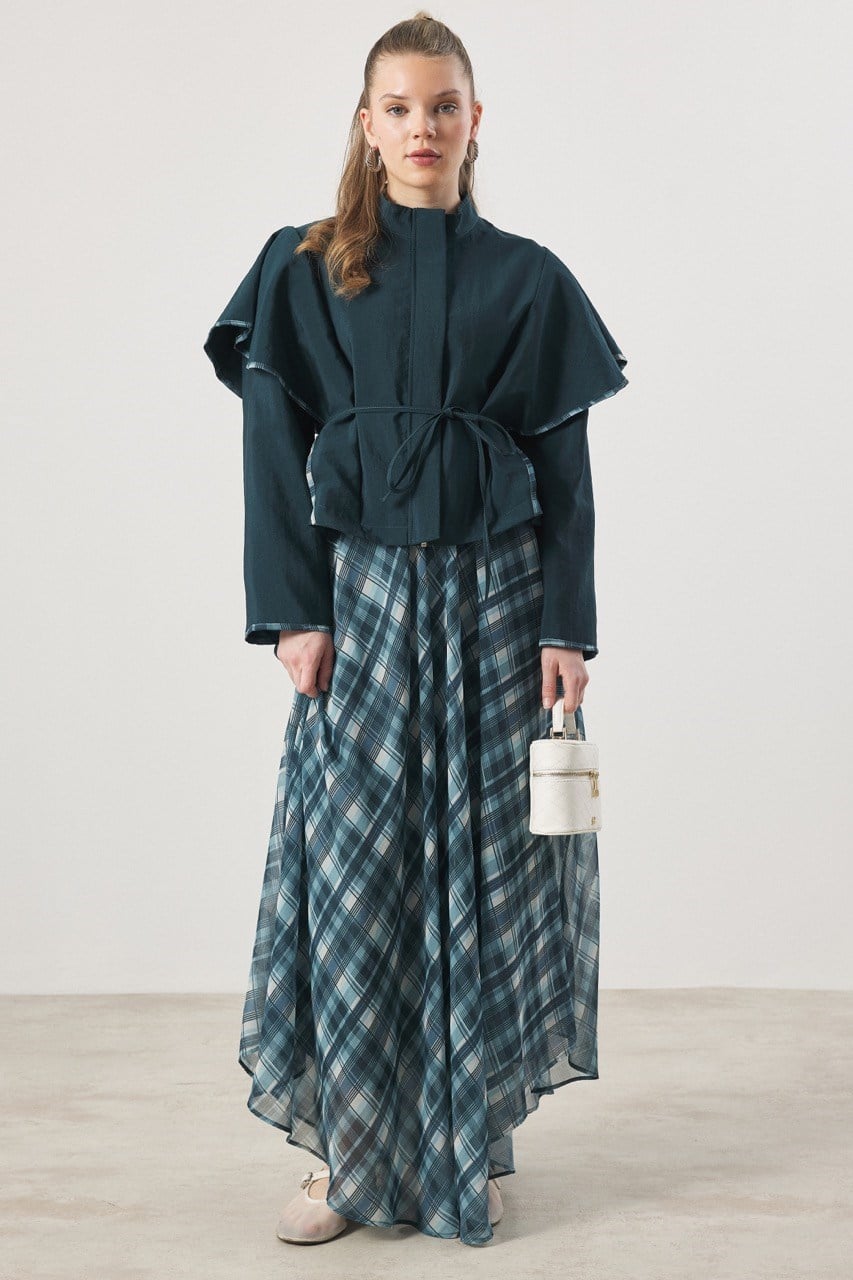 Şifon Desenli Etek Takım - Turkuaz