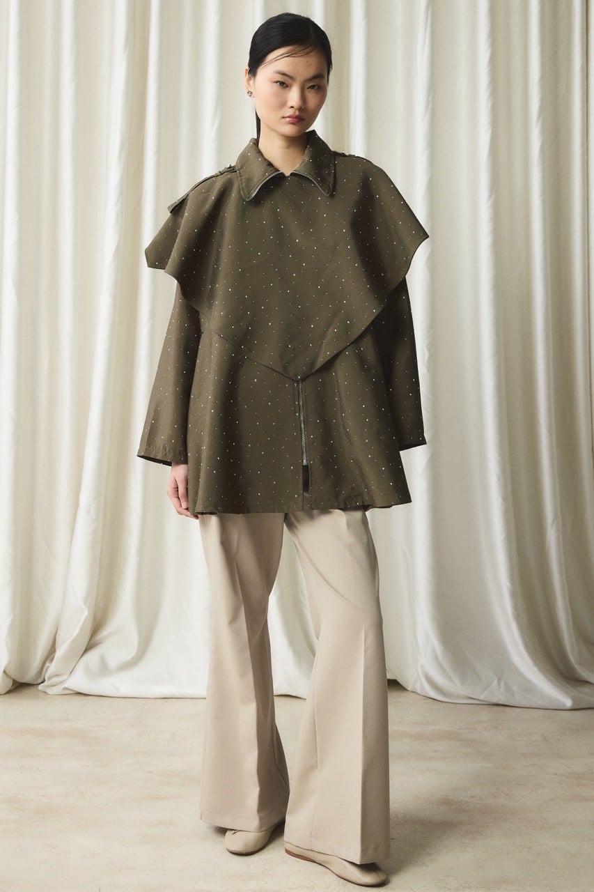 Taş Detaylı Pelerinli Ceket - Haki