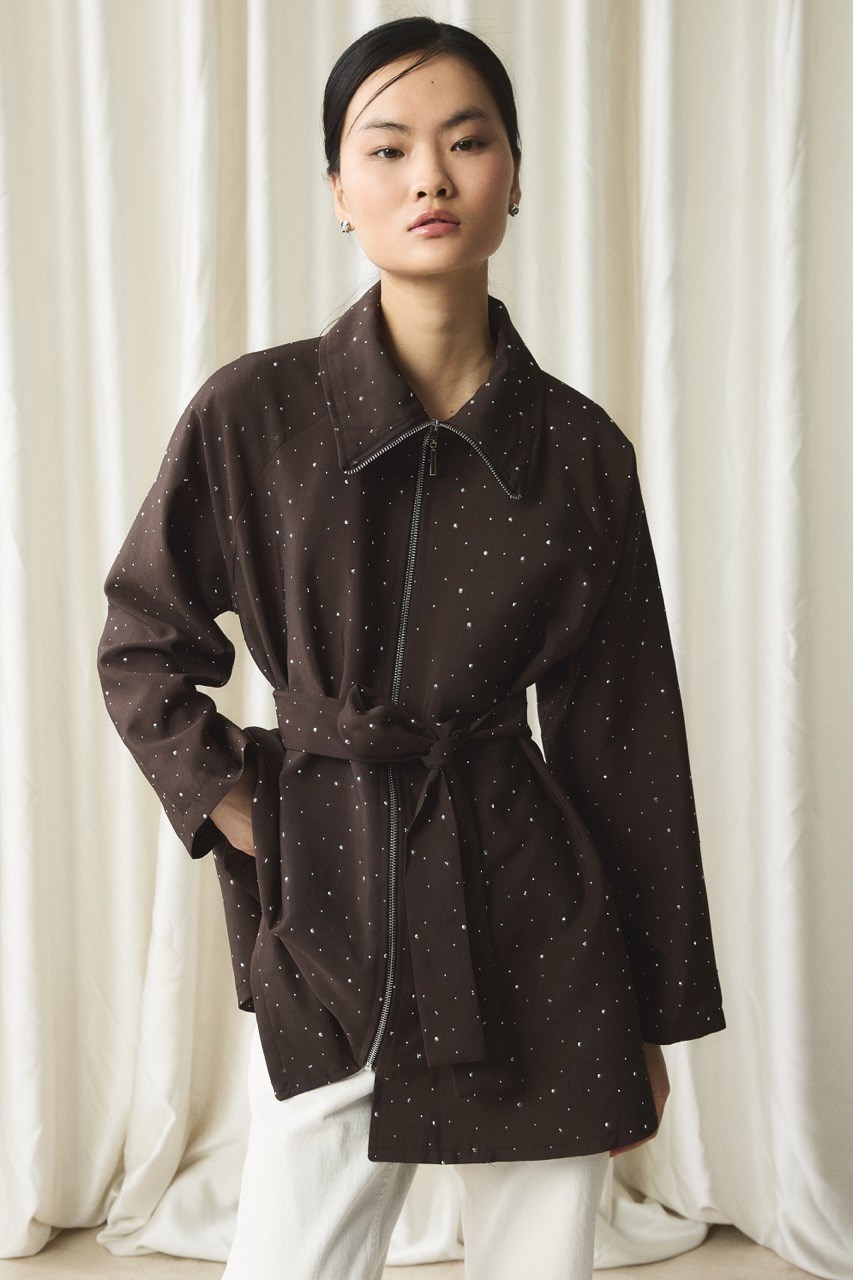 Taş Detaylı Pelerinli Ceket - Kahve