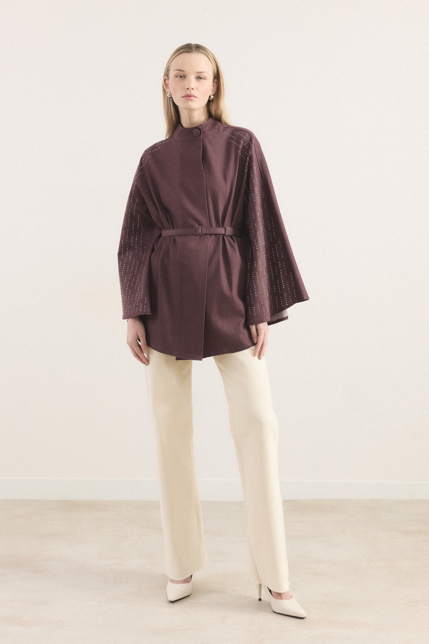 Taşlı Kot Panço - Bordo