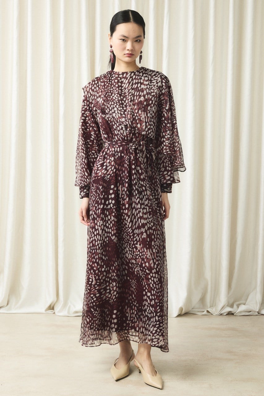 Yaka Detay Baskılı Şifon Elbise - Bordo