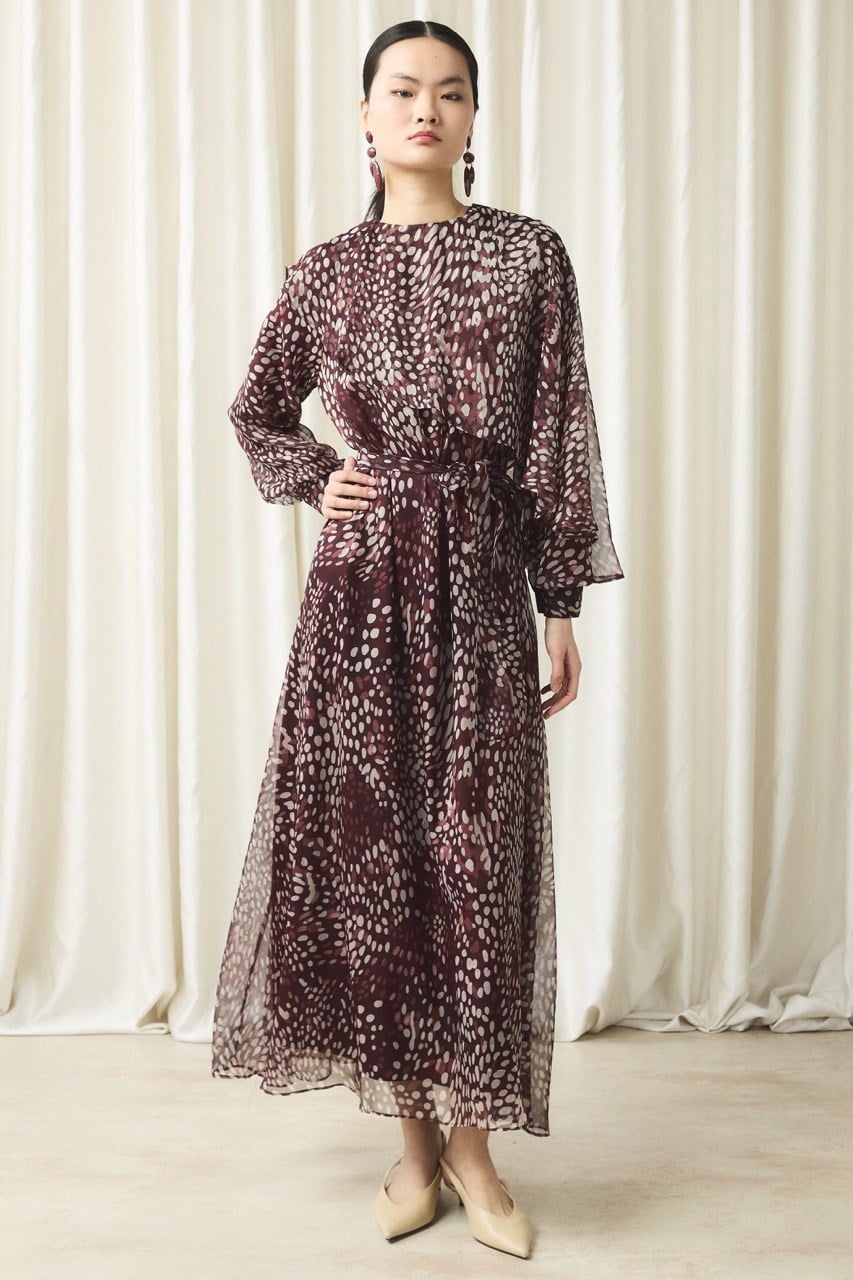 Yaka Detay Baskılı Şifon Elbise - Bordo