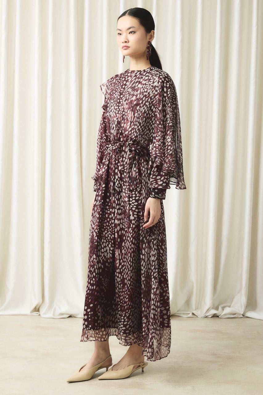 Yaka Detay Baskılı Şifon Elbise - Bordo