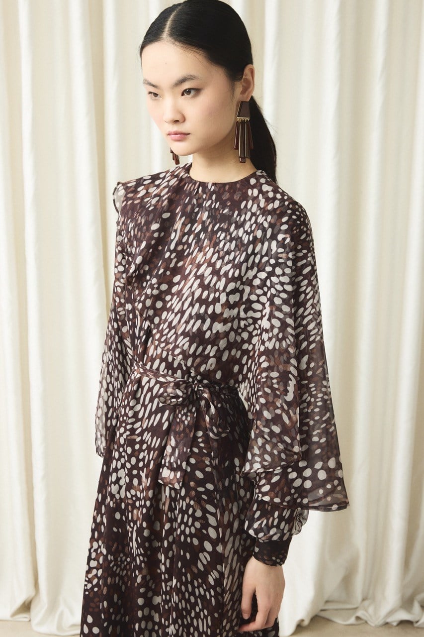 Yaka Detay Baskılı Şifon Elbise - Kahve