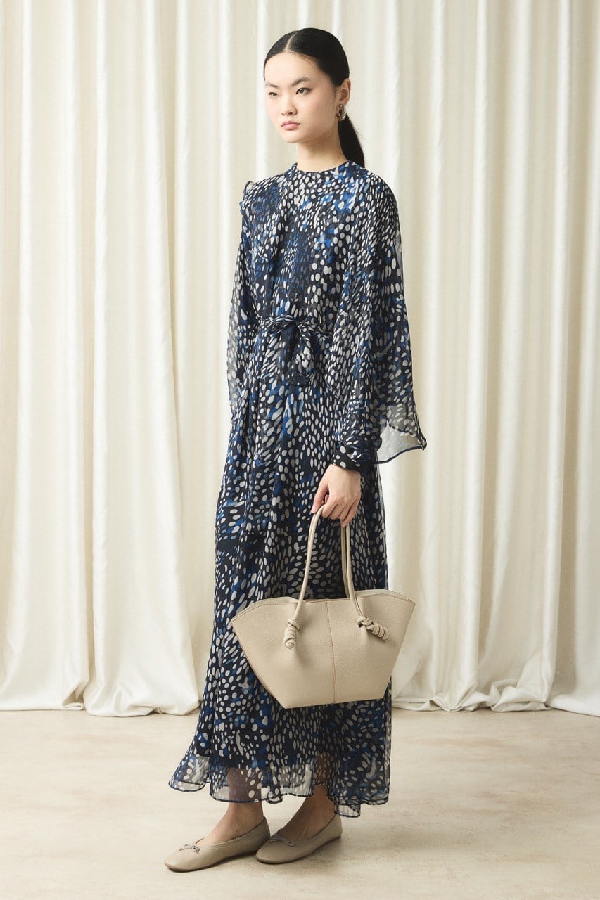 Yaka Detay Baskılı Şifon Elbise - Lacivert