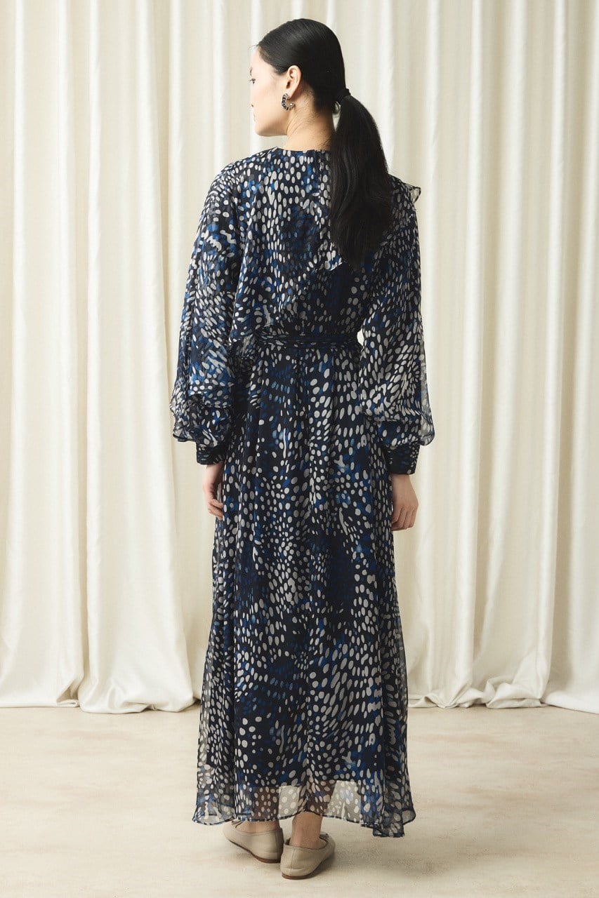 Yaka Detay Baskılı Şifon Elbise - Lacivert