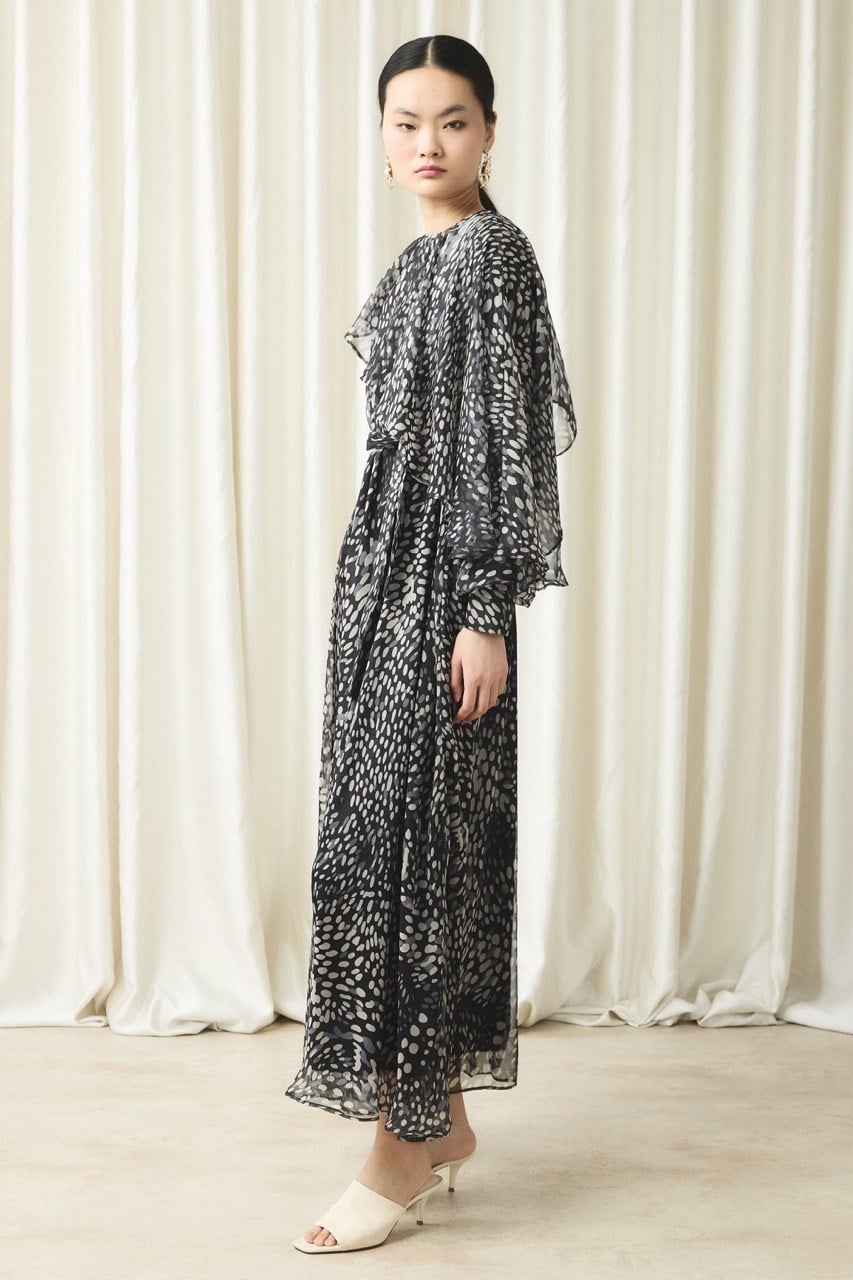 Yaka Detay Baskılı Şifon Elbise - Siyah