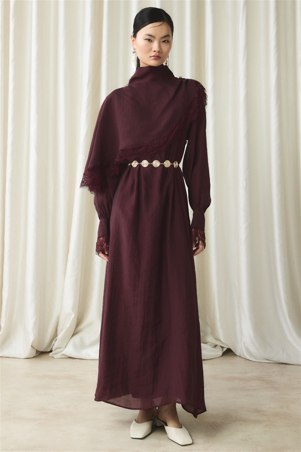 Aller Dantel Detaylı Elbise - Bordo