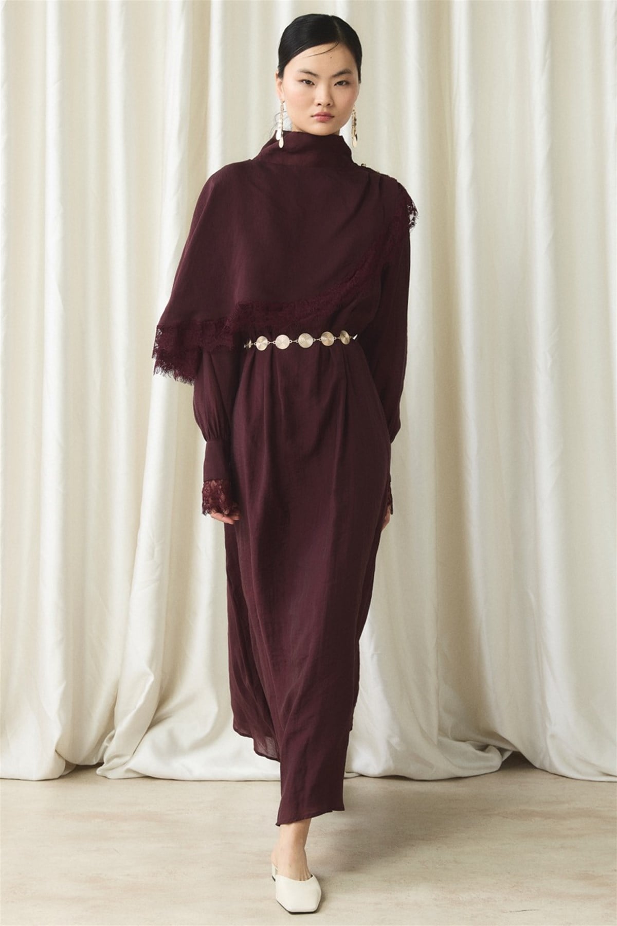 Aller Dantel Detaylı Elbise - Bordo