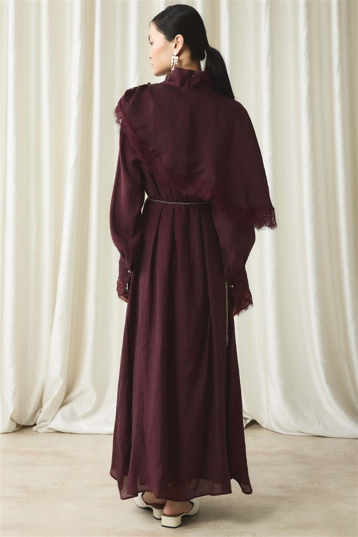 Aller Dantel Detaylı Elbise - Bordo