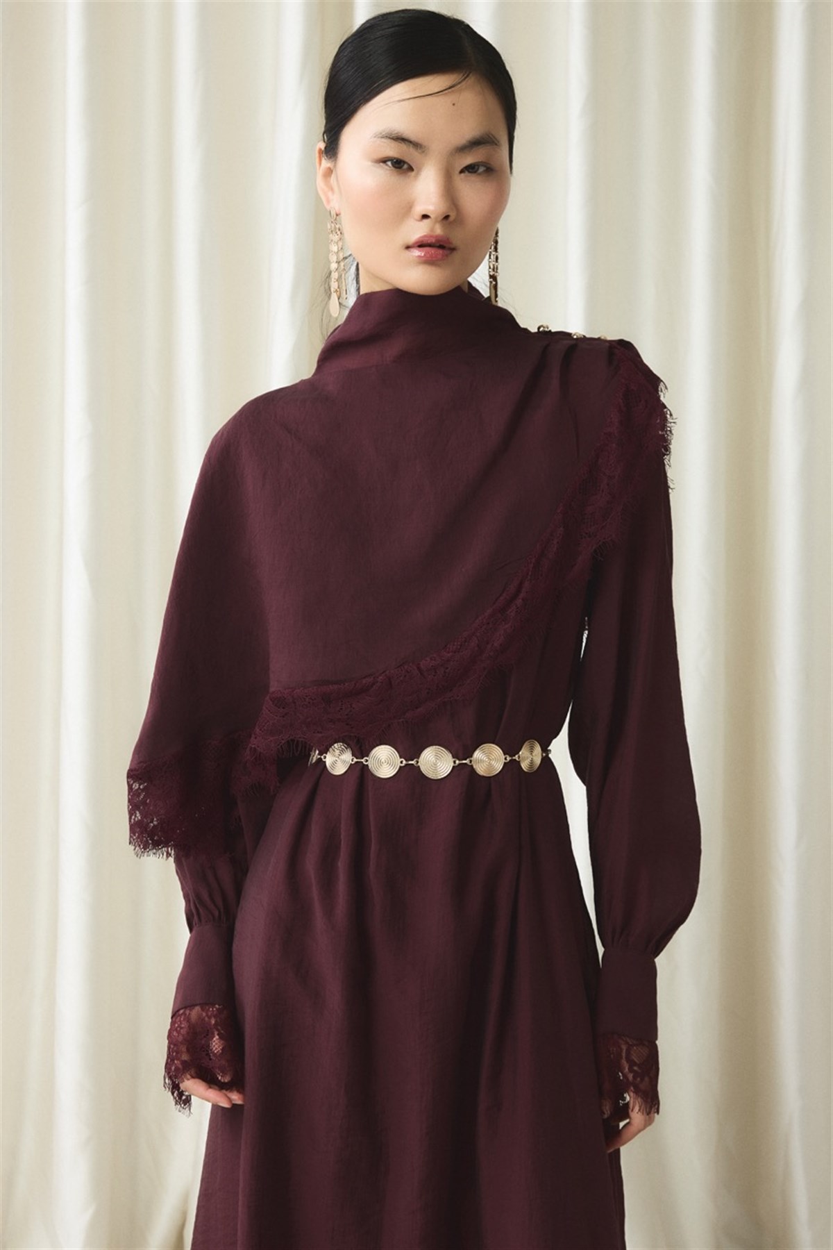 Aller Dantel Detaylı Elbise - Bordo