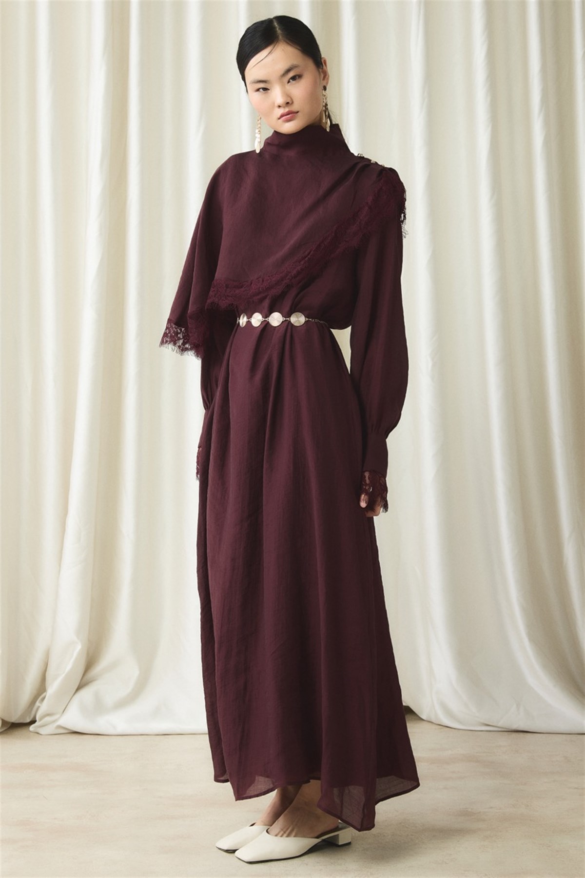 Aller Dantel Detaylı Elbise - Bordo