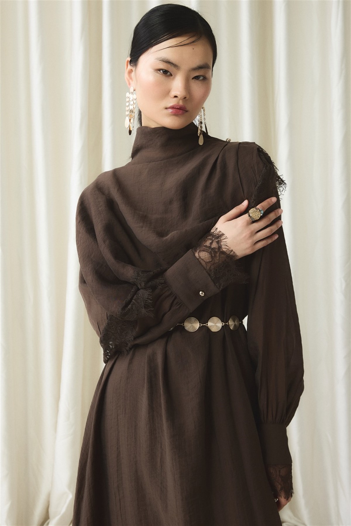 Aller Dantel Detaylı Elbise - Kahve