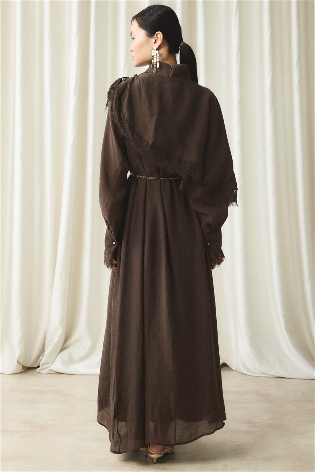 Aller Dantel Detaylı Elbise - Kahve