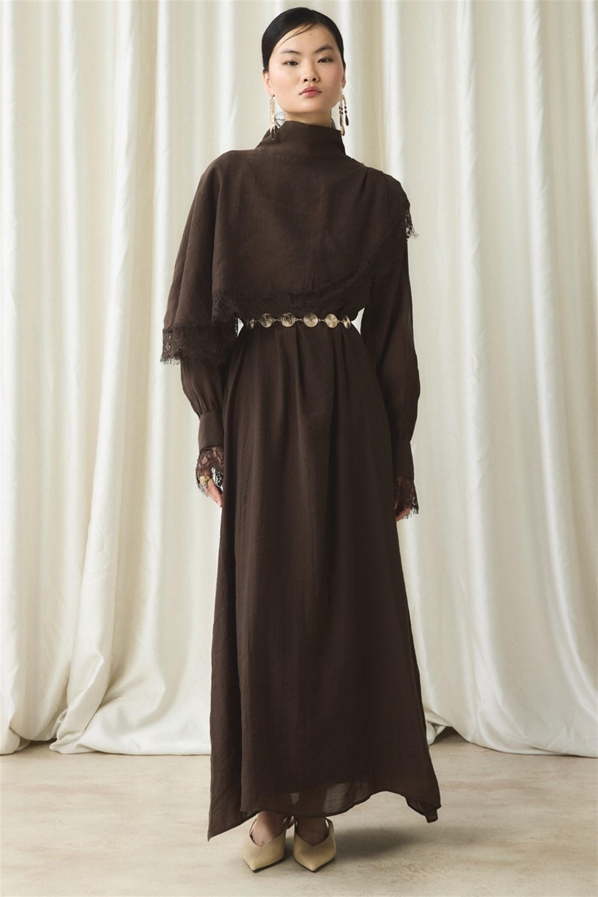 Aller Dantel Detaylı Elbise - Kahve