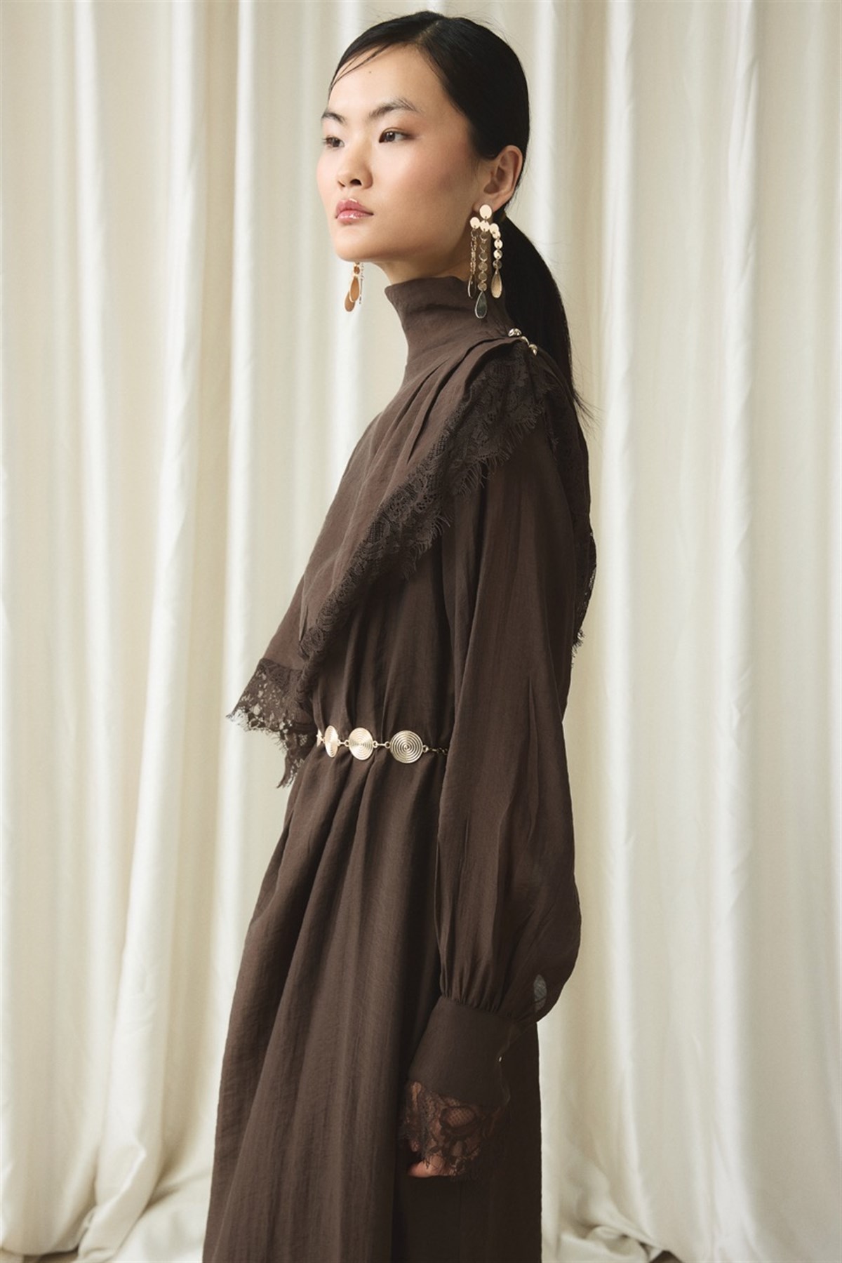 Aller Dantel Detaylı Elbise - Kahve