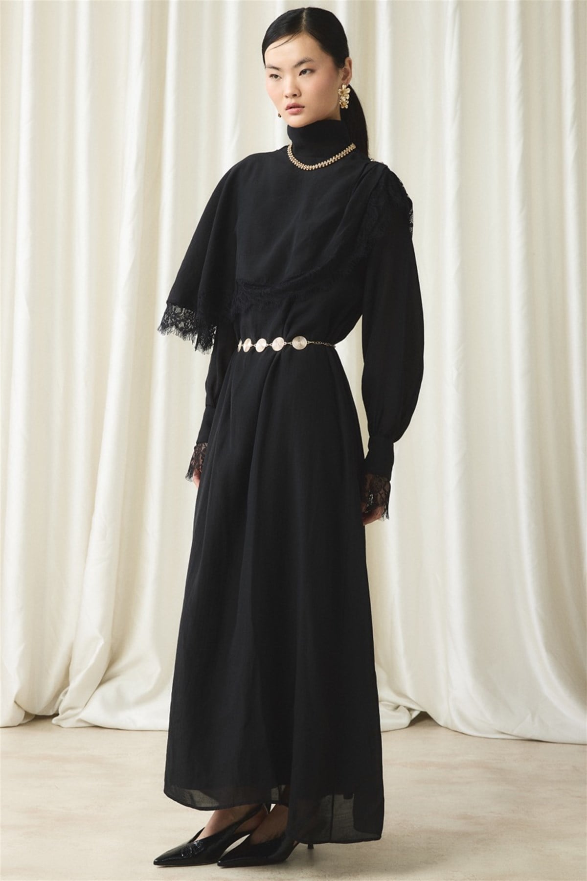 Aller Dantel Detaylı Elbise - Siyah