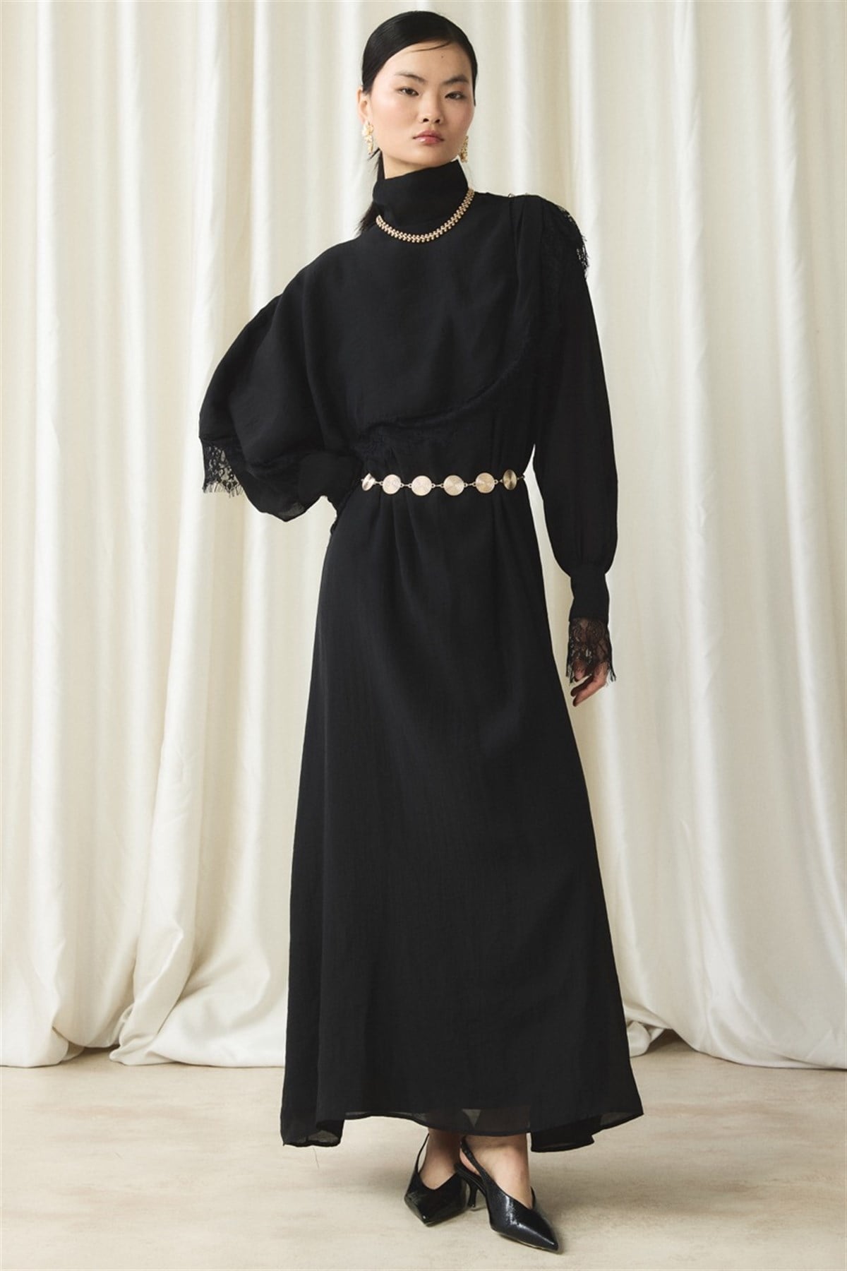 Aller Dantel Detaylı Elbise - Siyah