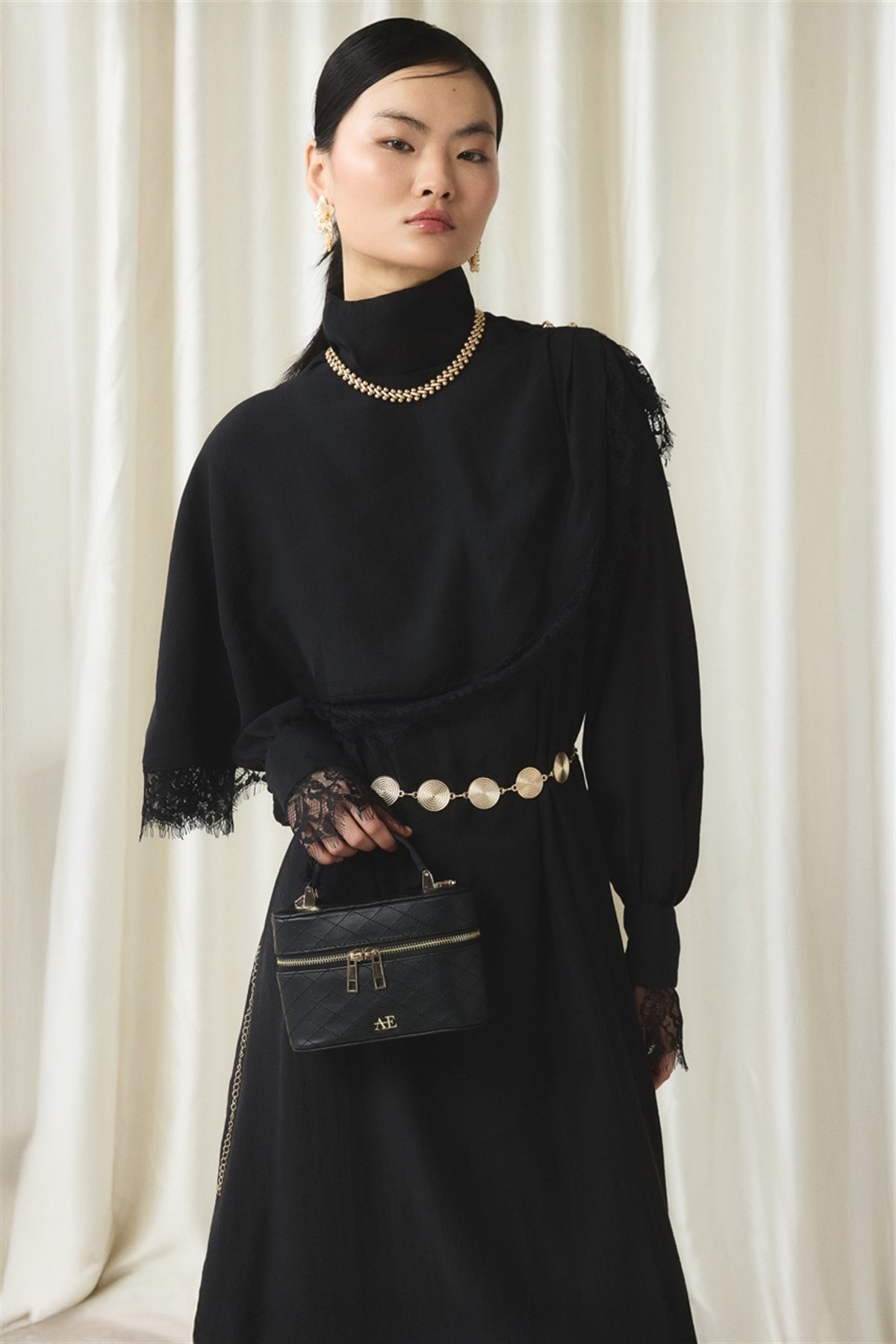 Aller Dantel Detaylı Elbise - Siyah