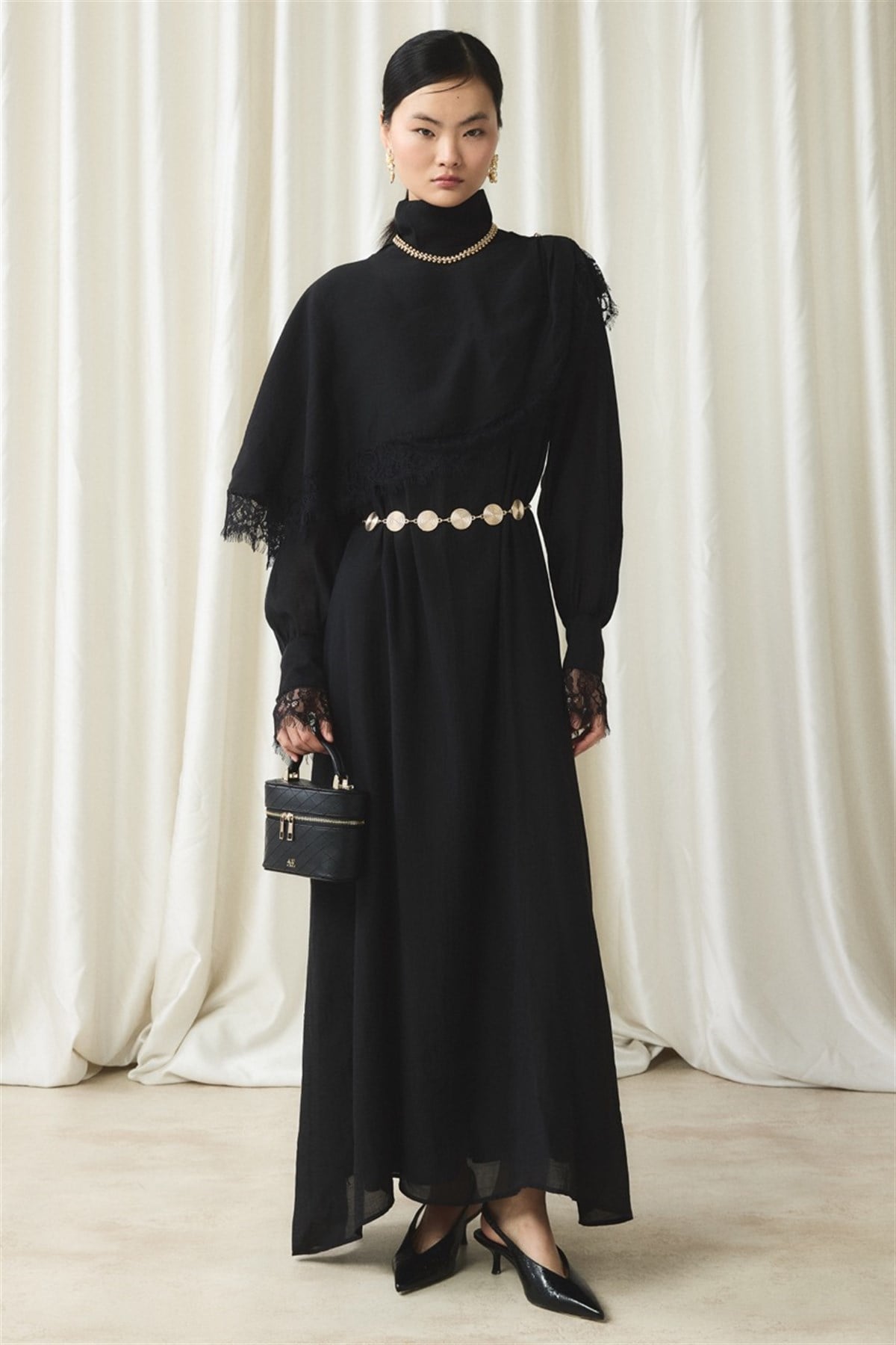 Aller Dantel Detaylı Elbise - Siyah