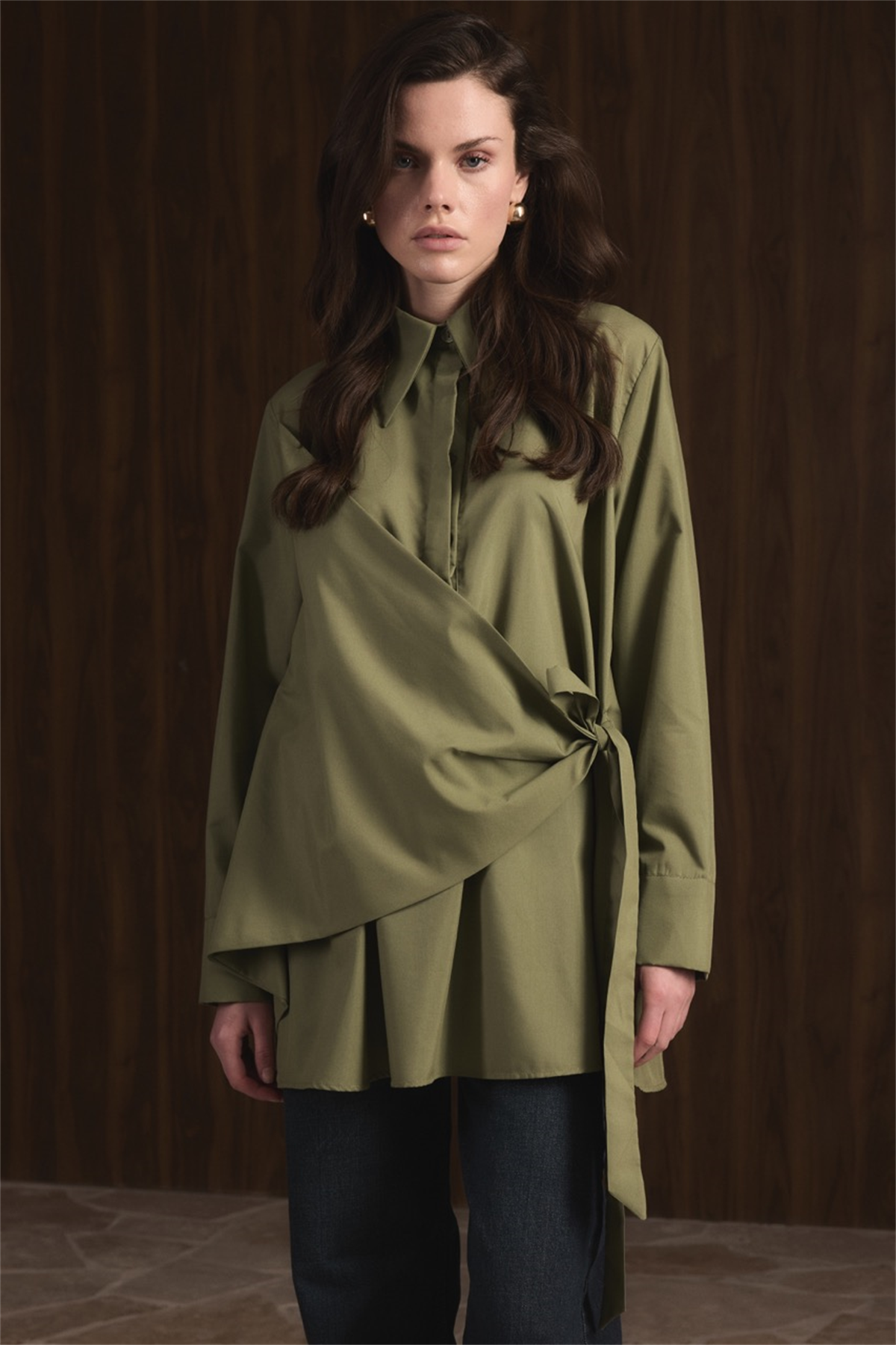 Allerli Yandan Bağlamalı Dacron Gömlek - Yeşil