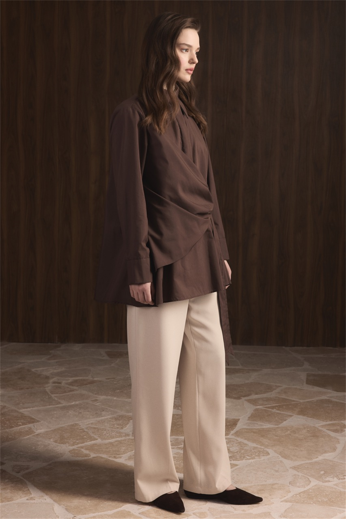 Allerli Yandan Bağlamalı Dacron Gömlek - Kahve