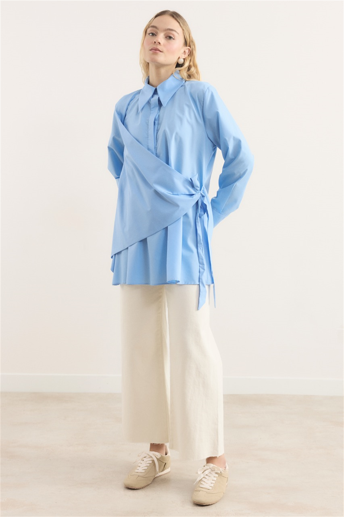 Allerli Yandan Bağlamalı Dacron Gömlek - Mavi