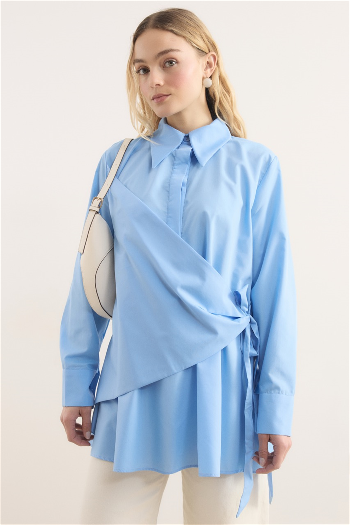 Allerli Yandan Bağlamalı Dacron Gömlek - Mavi