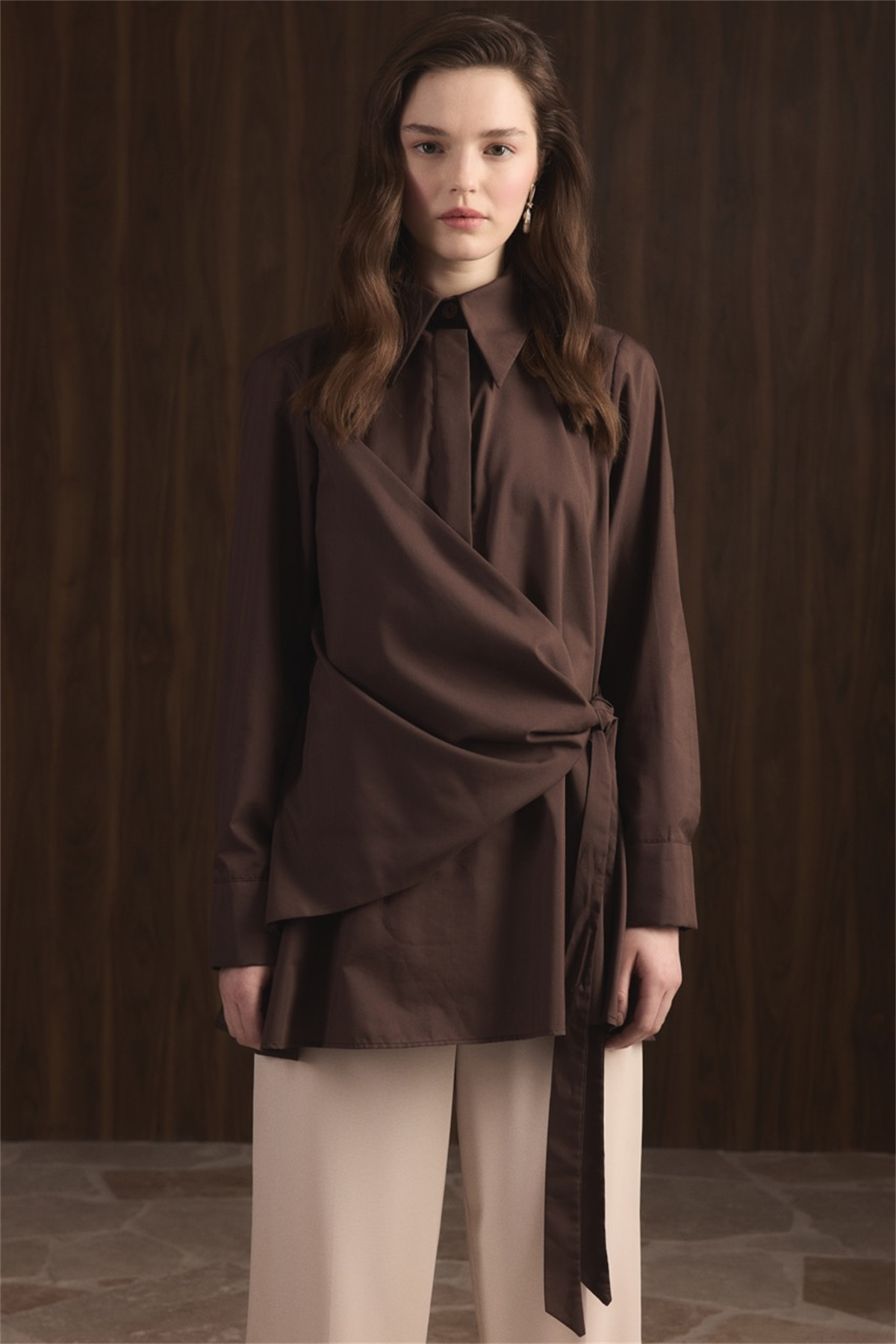 Allerli Yandan Bağlamalı Dacron Gömlek - Kahve