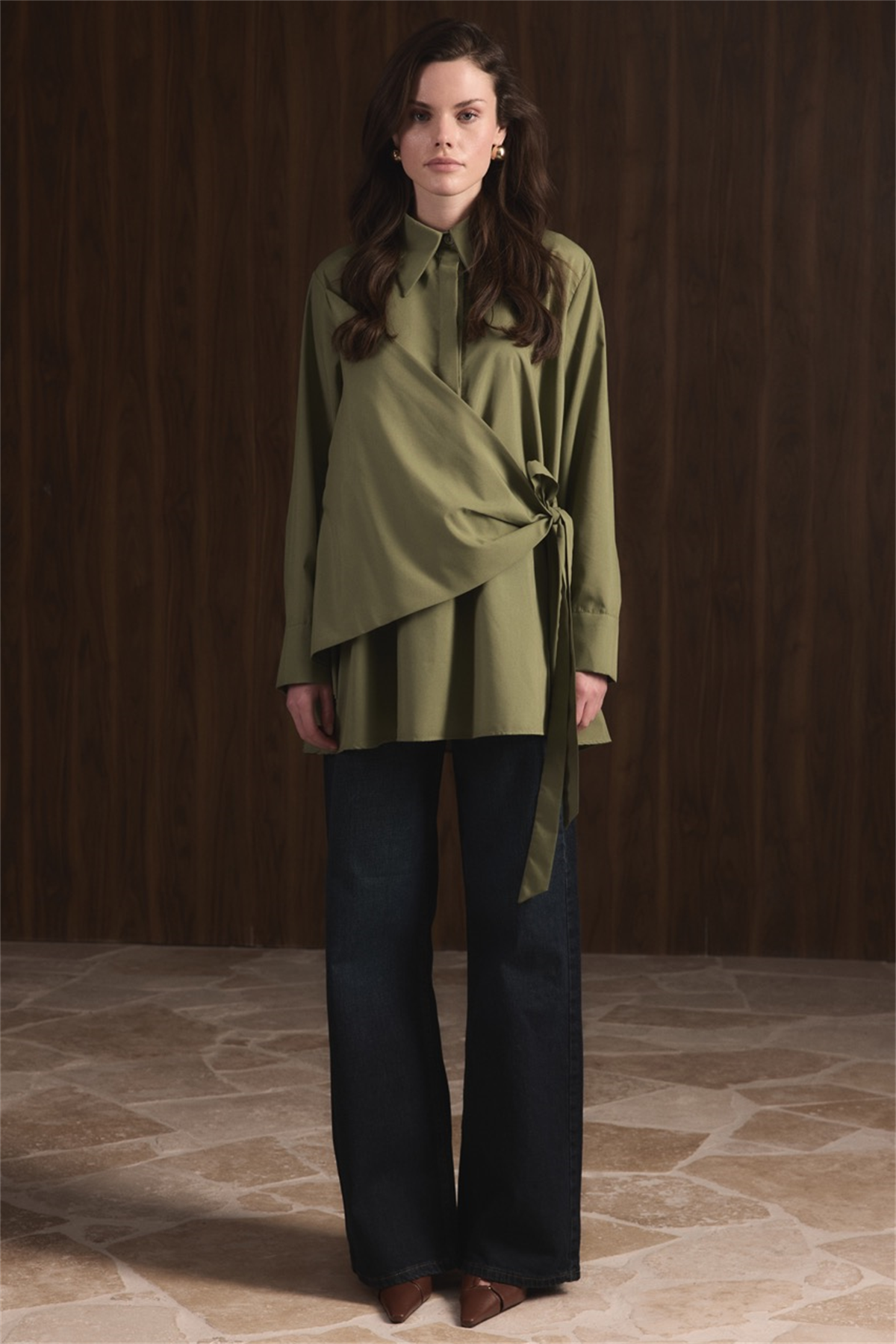 Allerli Yandan Bağlamalı Dacron Gömlek - Yeşil