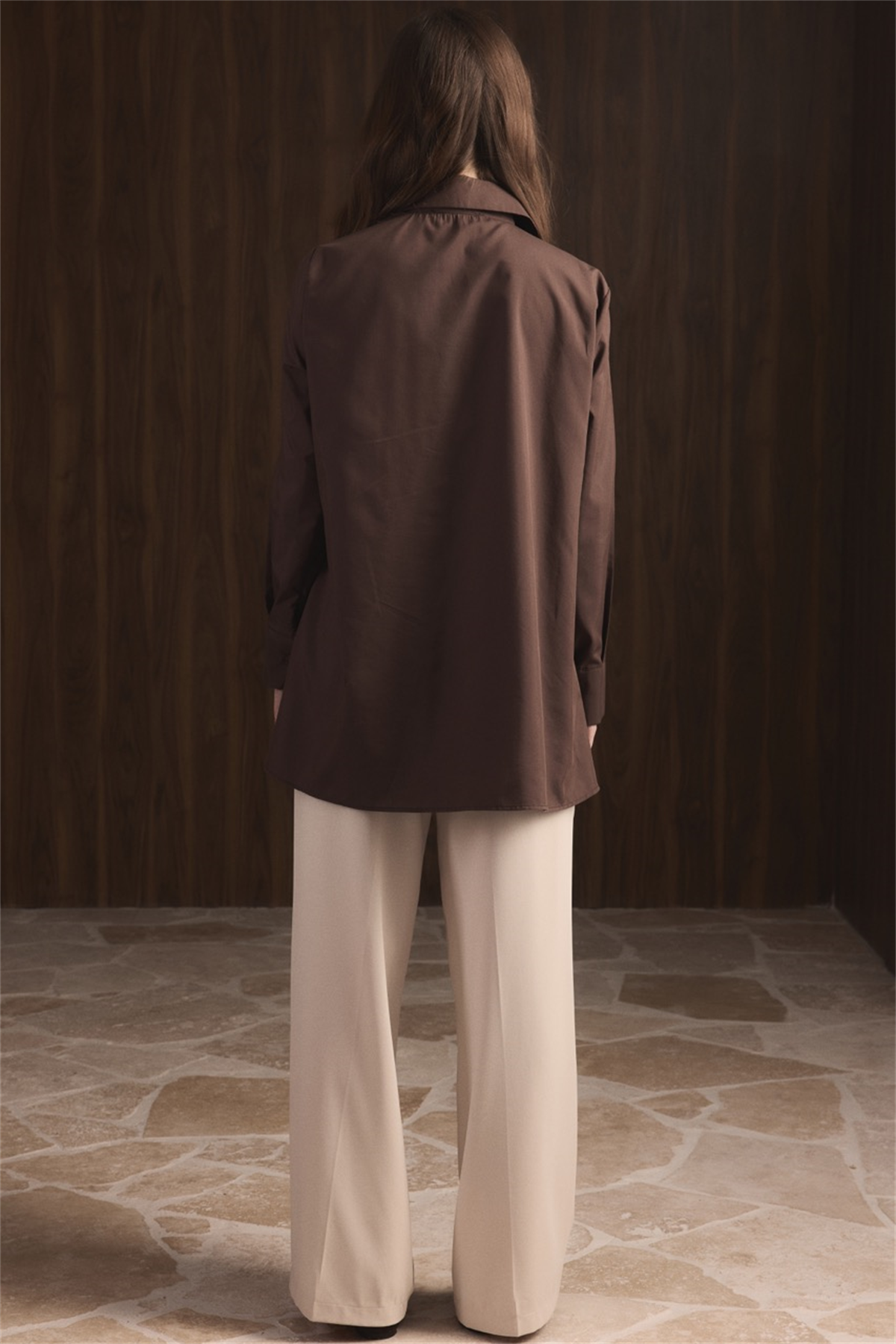 Allerli Yandan Bağlamalı Dacron Gömlek - Kahve