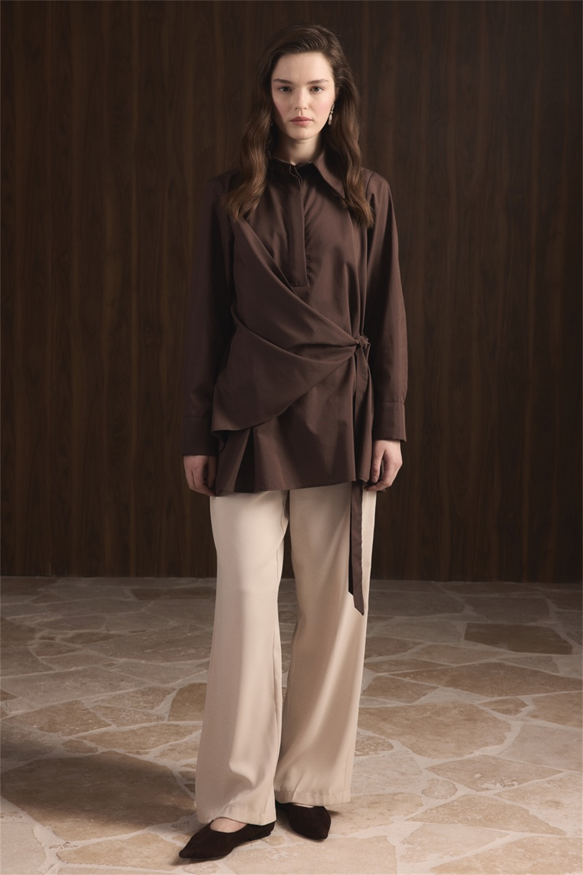 Allerli Yandan Bağlamalı Dacron Gömlek - Kahve