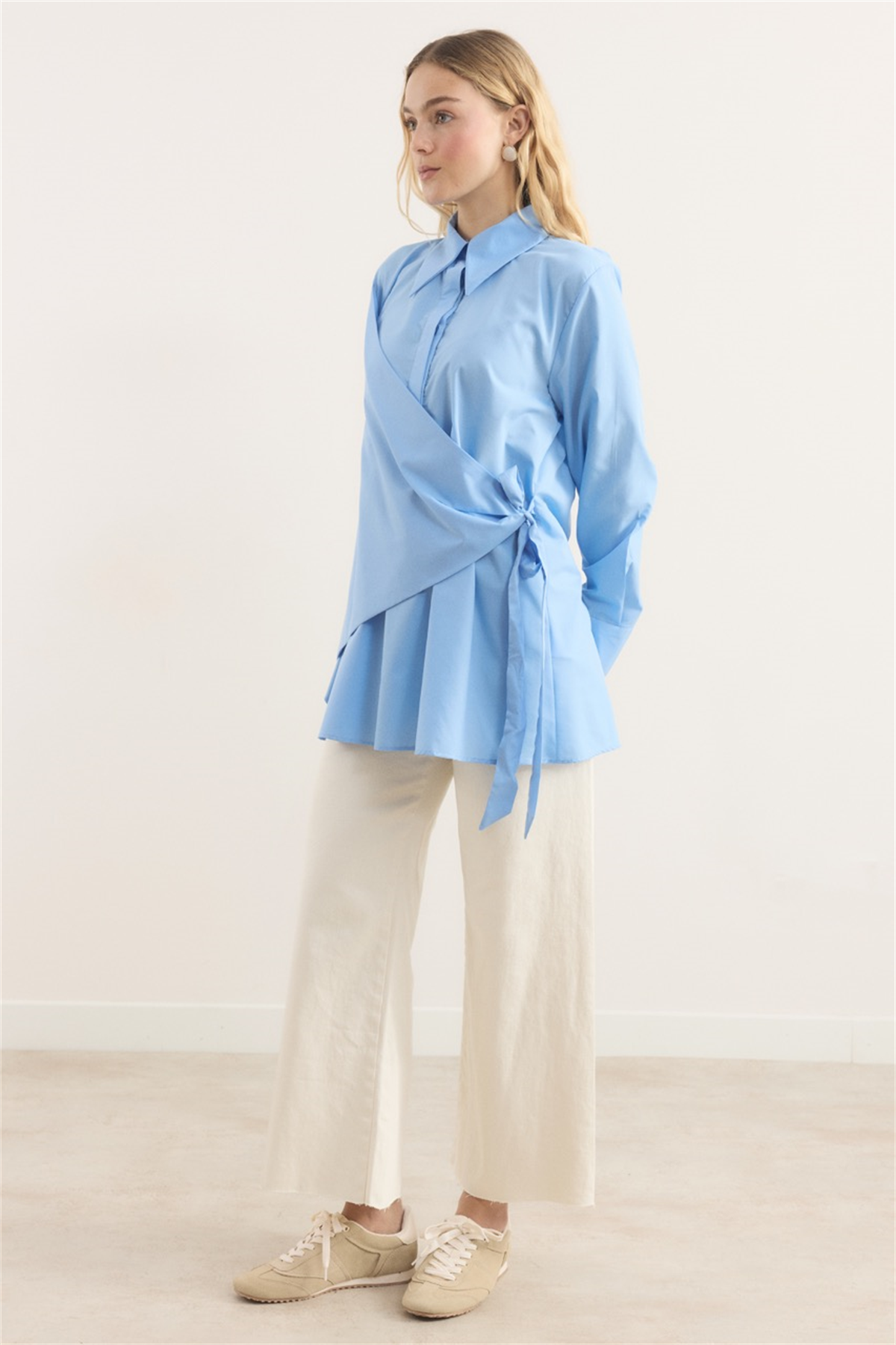 Allerli Yandan Bağlamalı Dacron Gömlek - Mavi