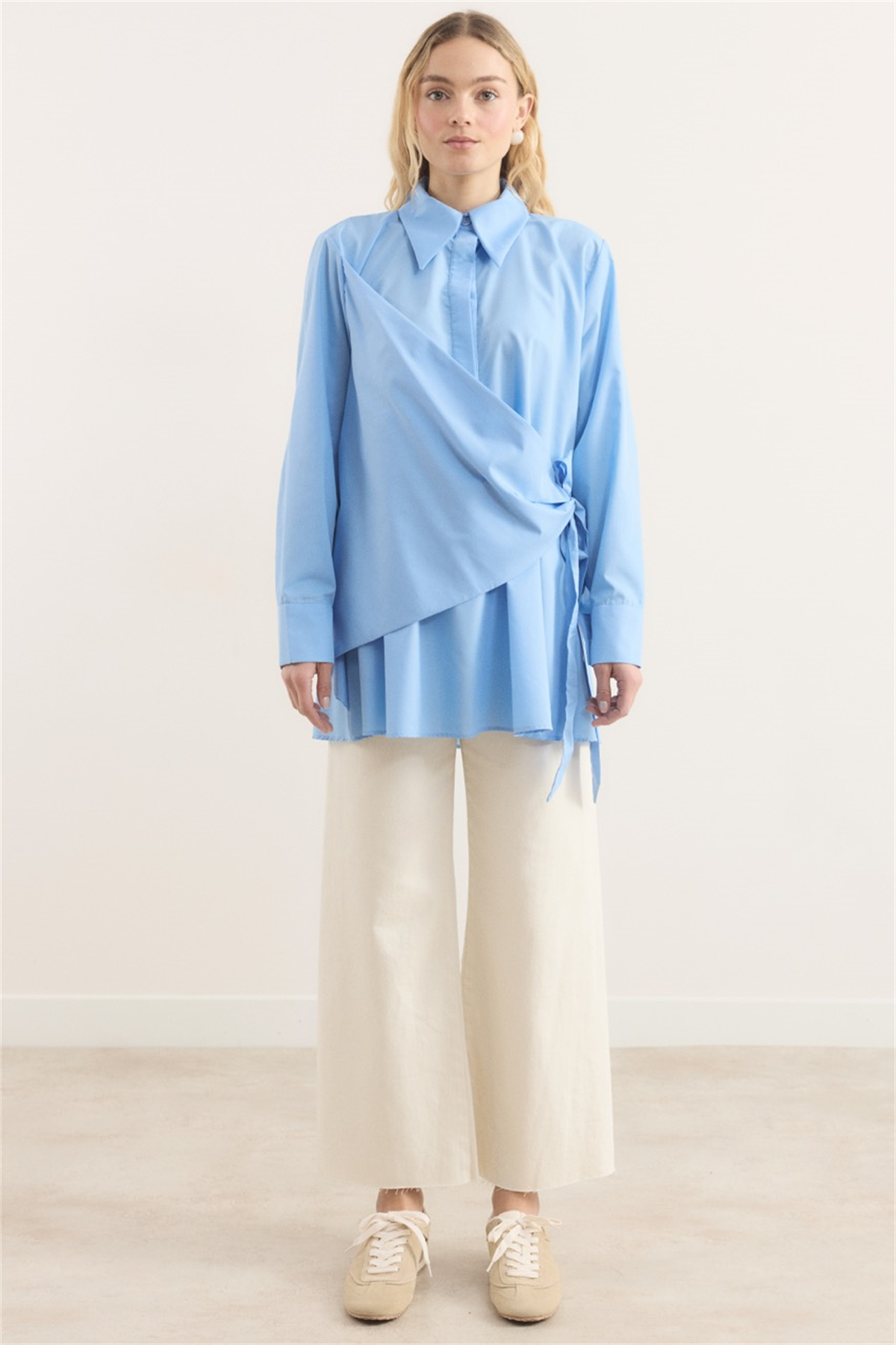 Allerli Yandan Bağlamalı Dacron Gömlek - Mavi