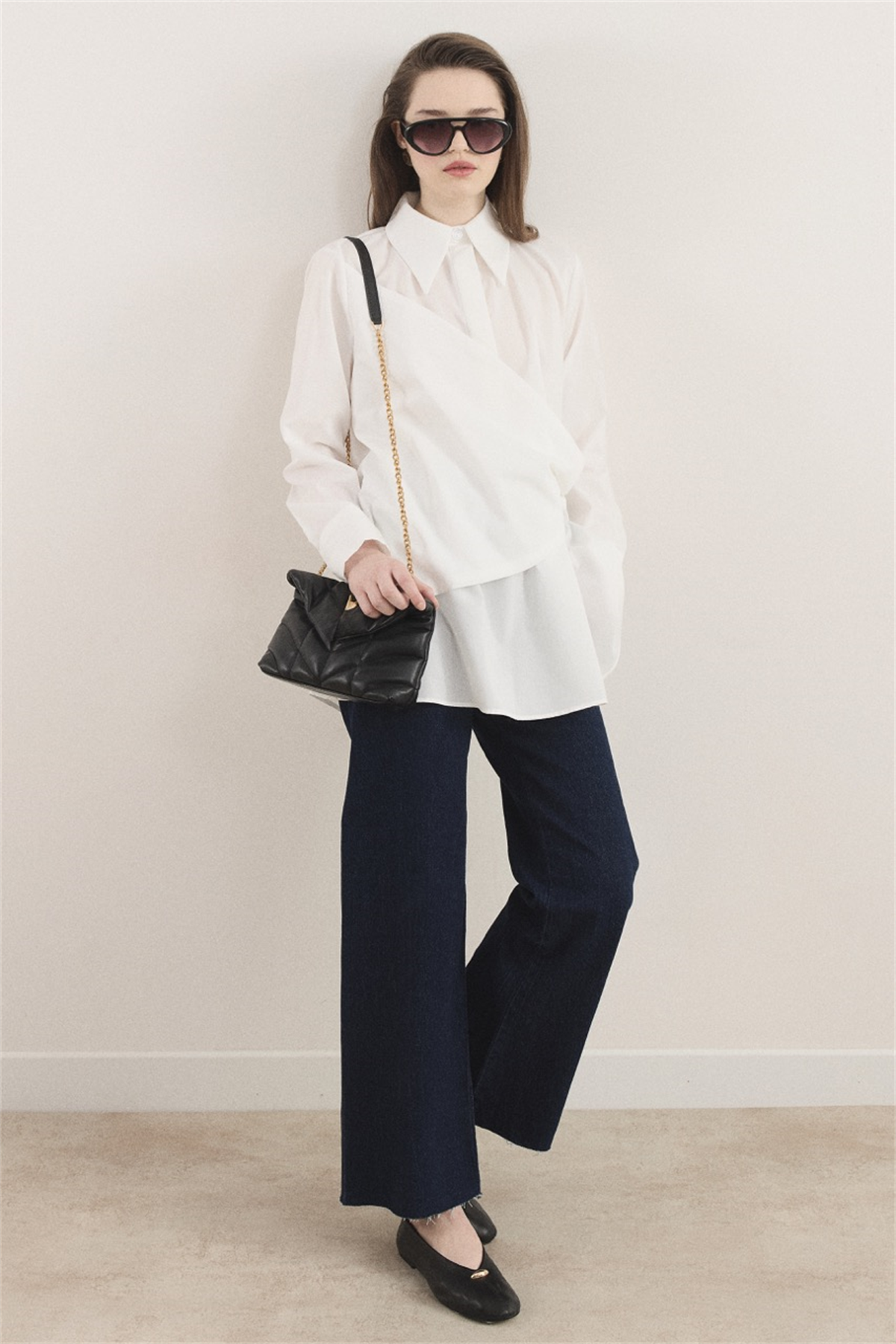 Allerli Yandan Bağlamalı Dacron Gömlek - Ekru