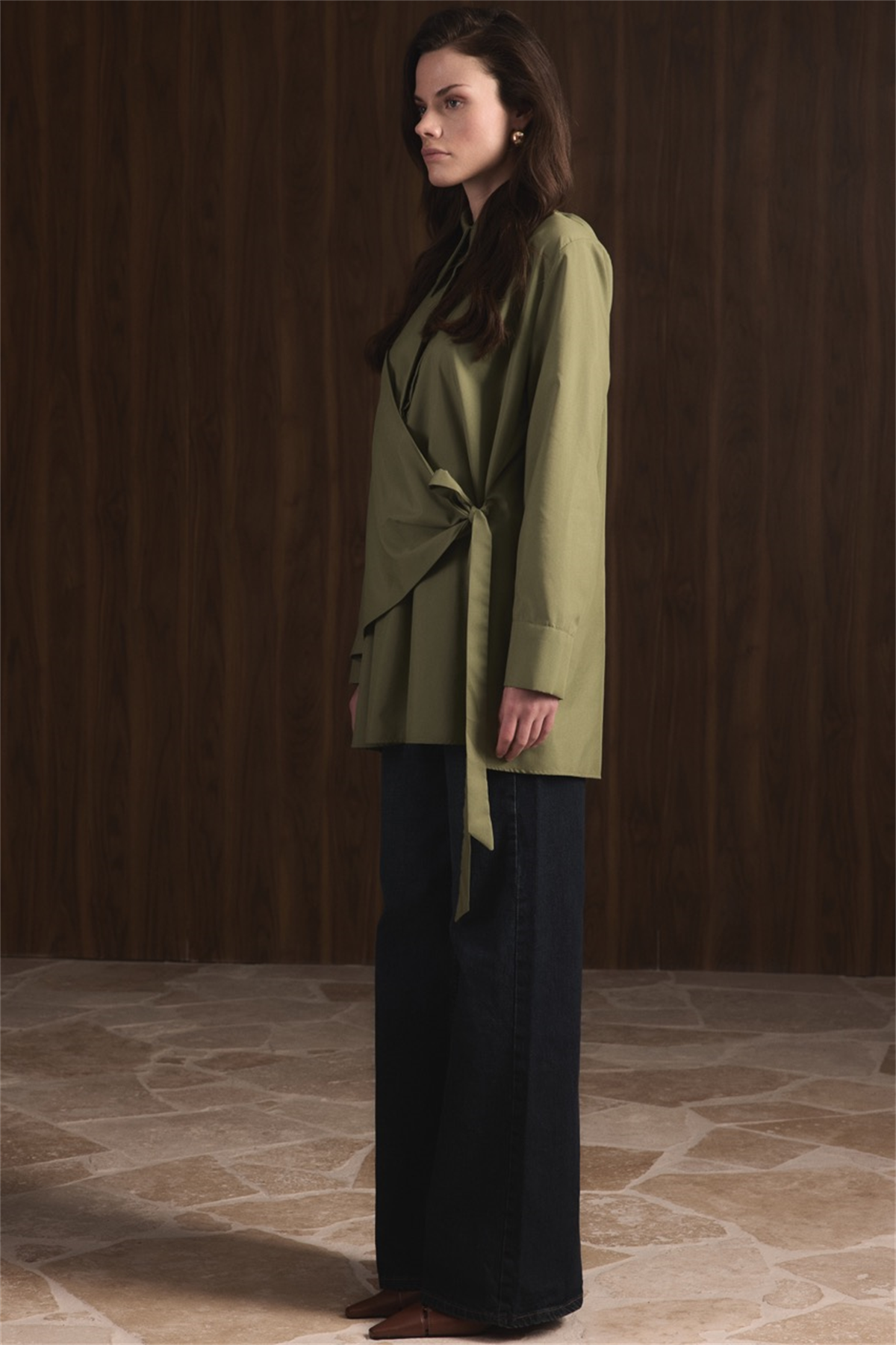 Allerli Yandan Bağlamalı Dacron Gömlek - Yeşil