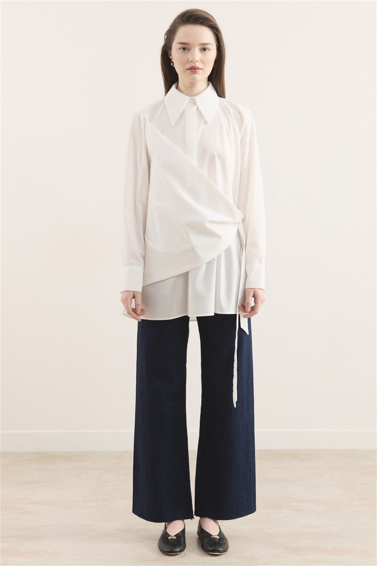 Allerli Yandan Bağlamalı Dacron Gömlek - Ekru