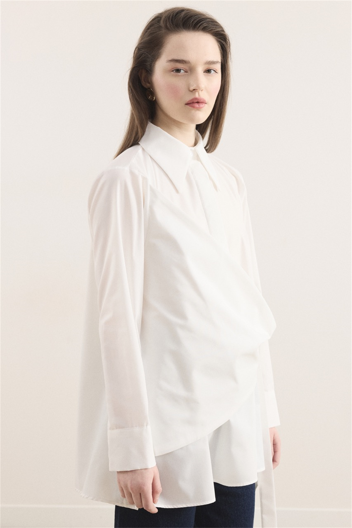 Allerli Yandan Bağlamalı Dacron Gömlek - Ekru