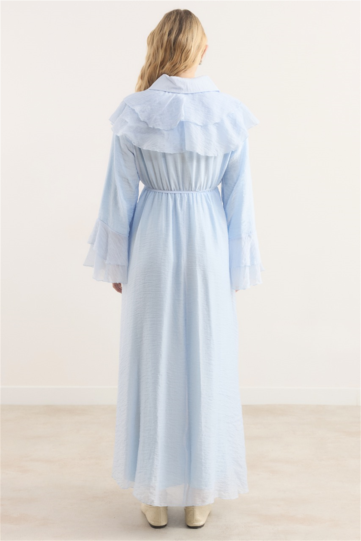 Amira Omuzdan Volanlı Elbise - Mavi