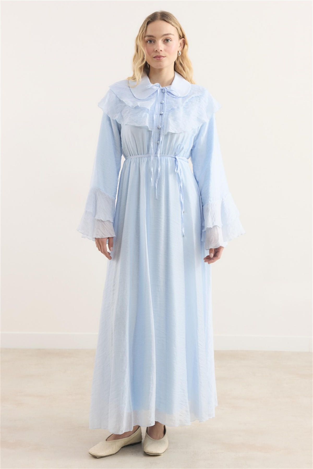 Amira Omuzdan Volanlı Elbise - Mavi