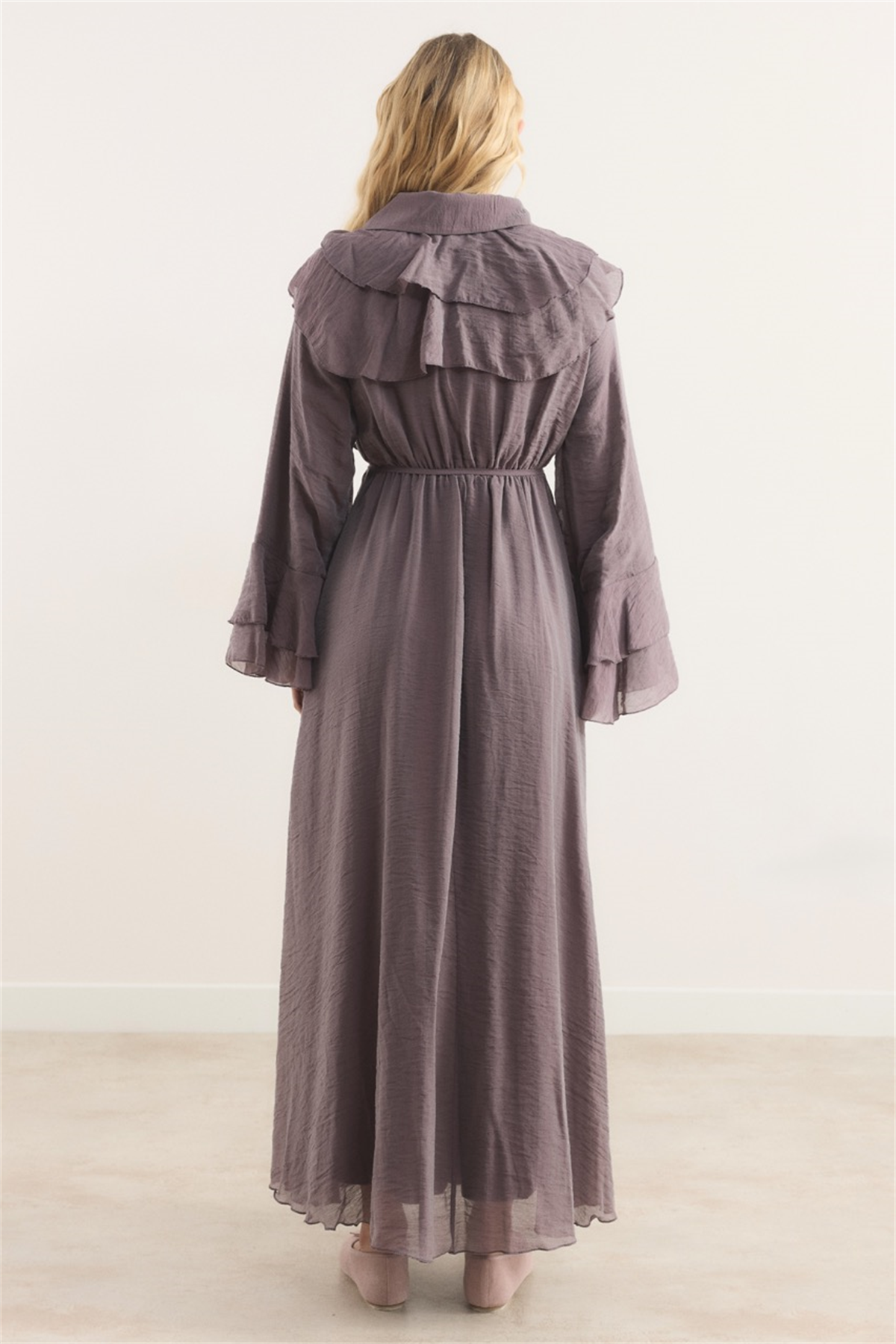 Amira Omuzdan Volanlı Elbise - Mürdüm