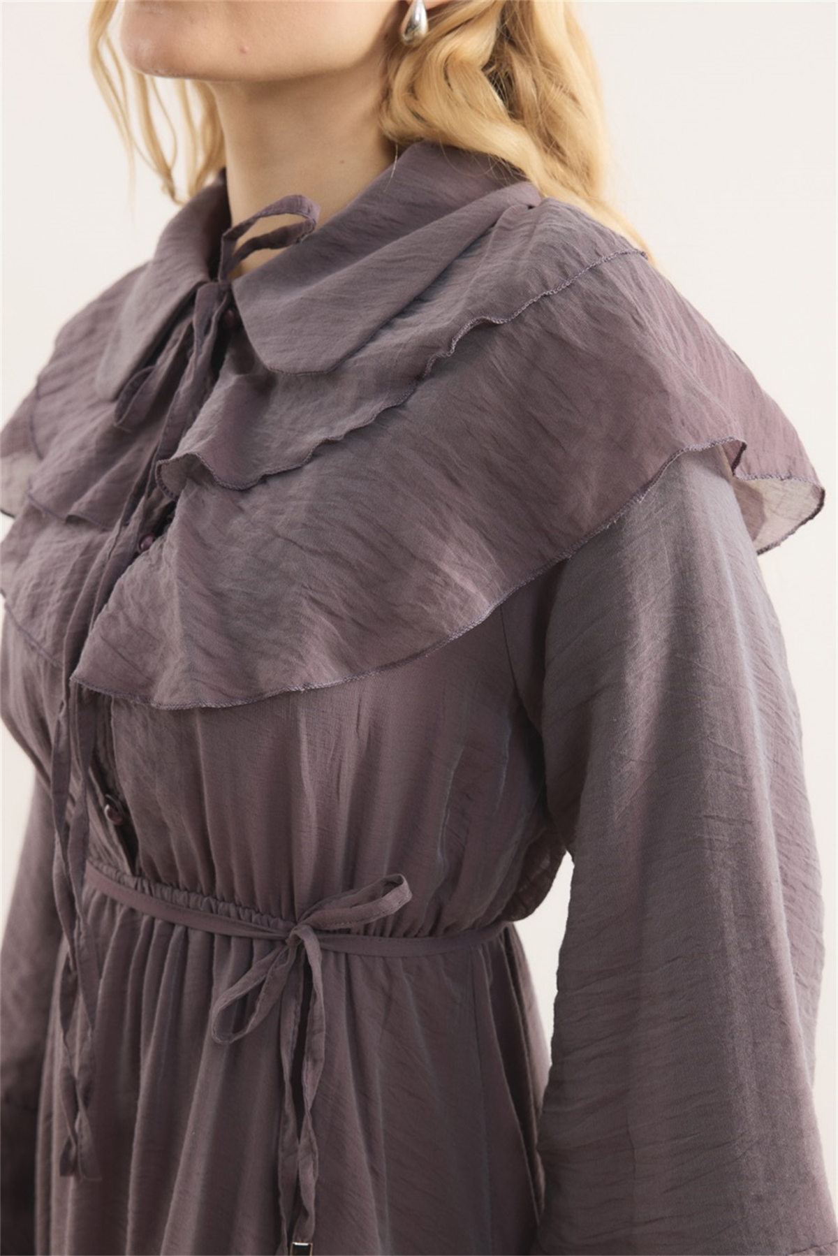 Amira Omuzdan Volanlı Elbise - Mürdüm