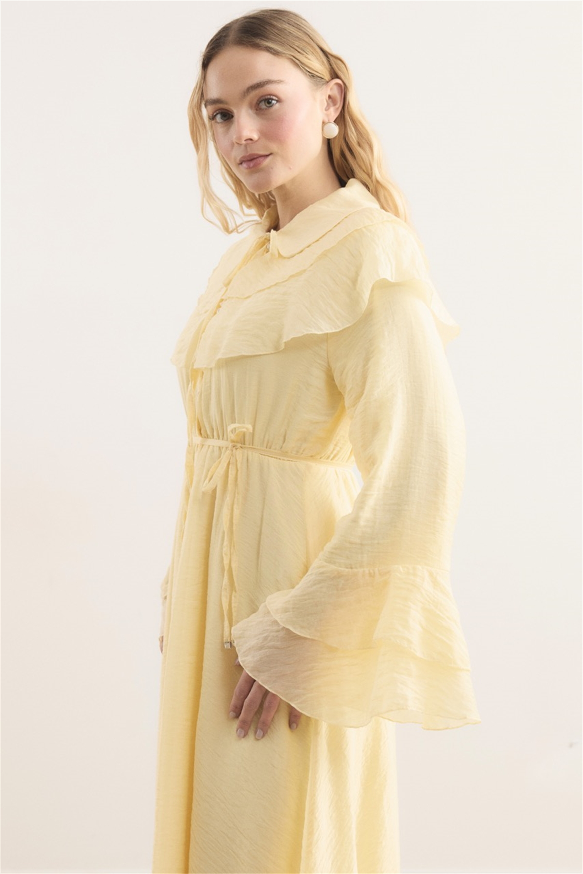 Amira Omuzdan Volanlı Elbise - Sarı
